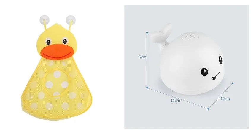 Electric whale-shaped bath spray toy with water-activated automatic spray, LED lights, and floating capability