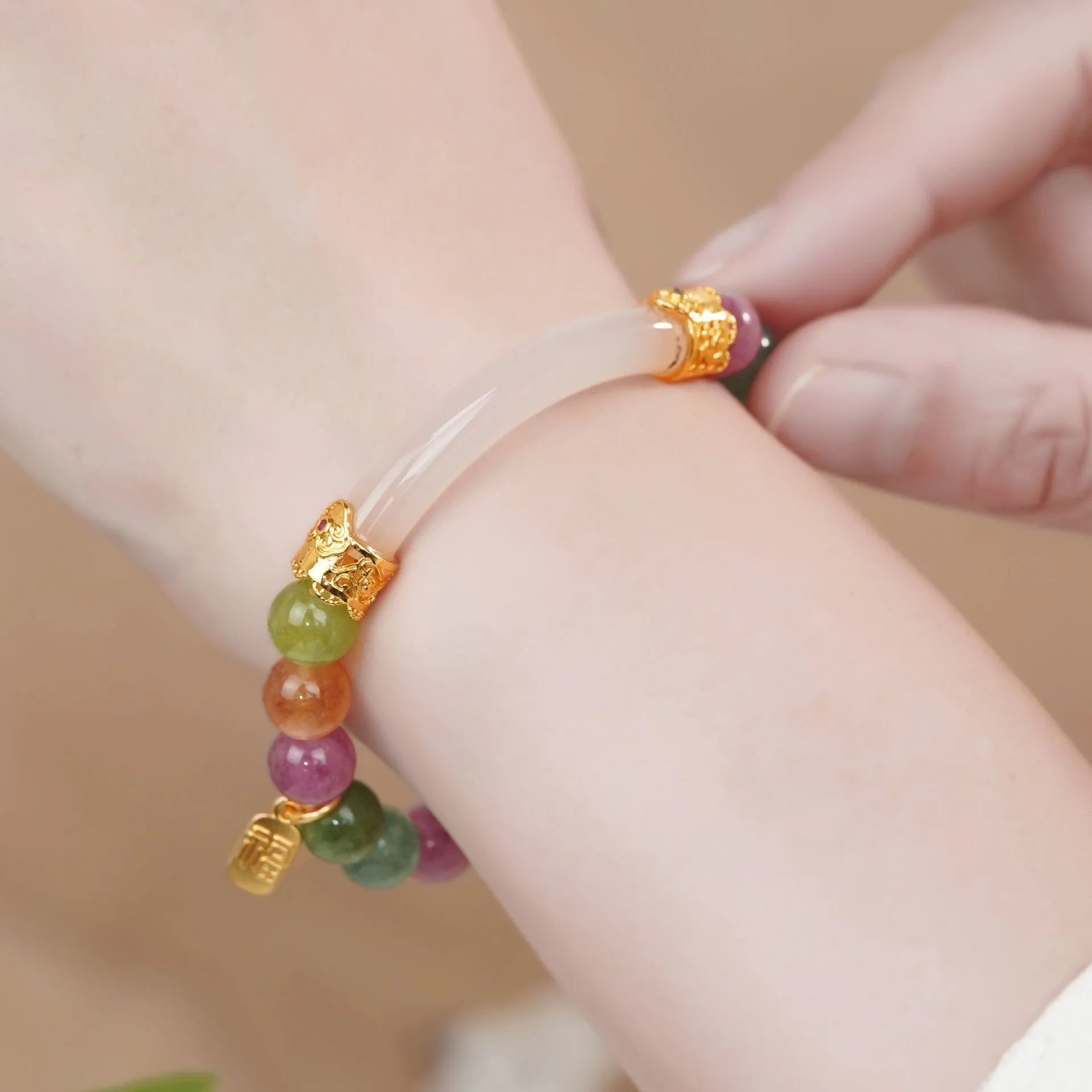 Natural jade rainbow tourmaline half bracelet for women with electroplated finish