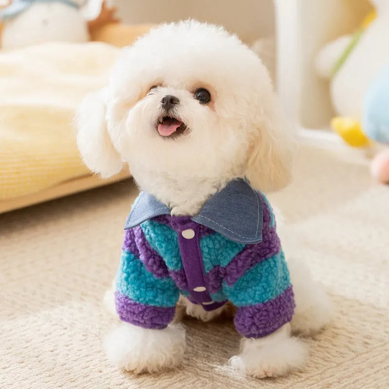 Thick warm winter sweater with leash hole for small dog or cat, striped lamb wool denim, available in black blue and pink