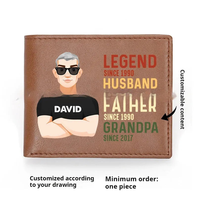 Brown personalised leather wallet with letter print, contrast stitching, and slim 10.5cm profile