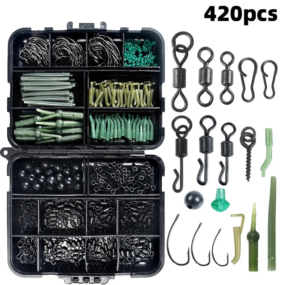 Black portable fishing accessory box containing 420 pieces of European carp fishing gear set