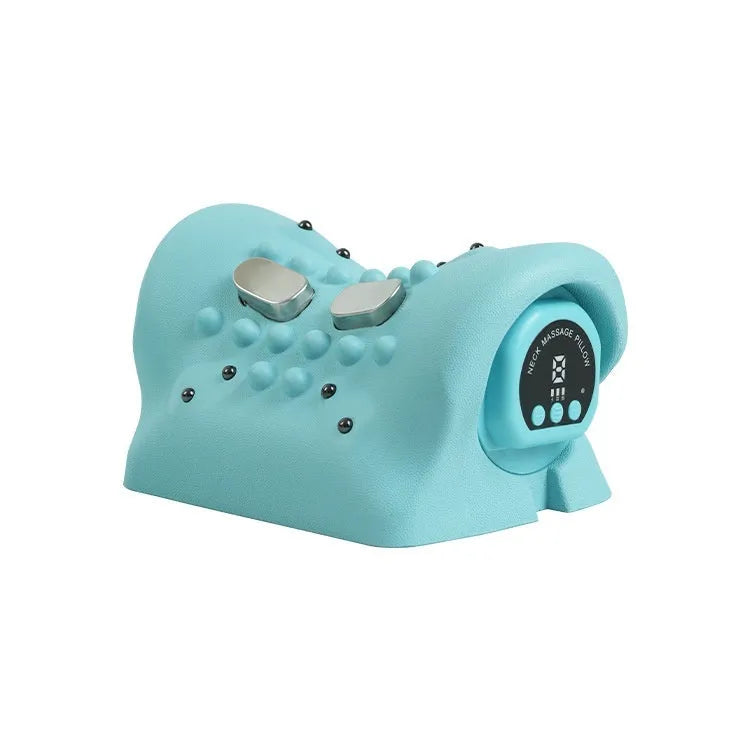 Blue-green portable cervical spine massage pillow showing EMS, heat, and vibration functions