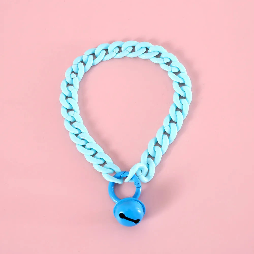 Adjustable plastic pet collar in macaron candy colours of blue, pink, and mixed chain for cats, dogs, or rabbits.
