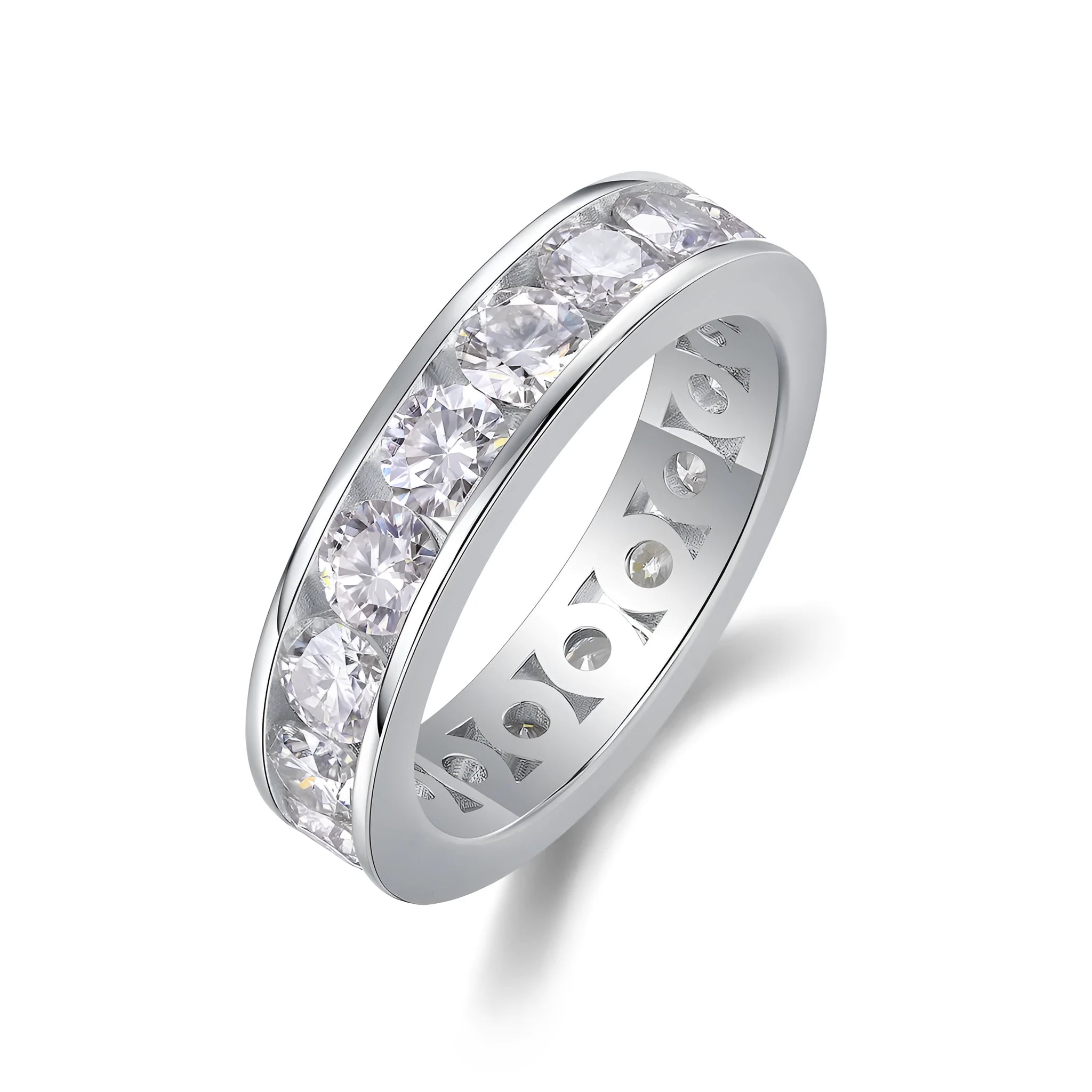 Large star moissanite wedding ring in S925 silver with platinum plating on white background
