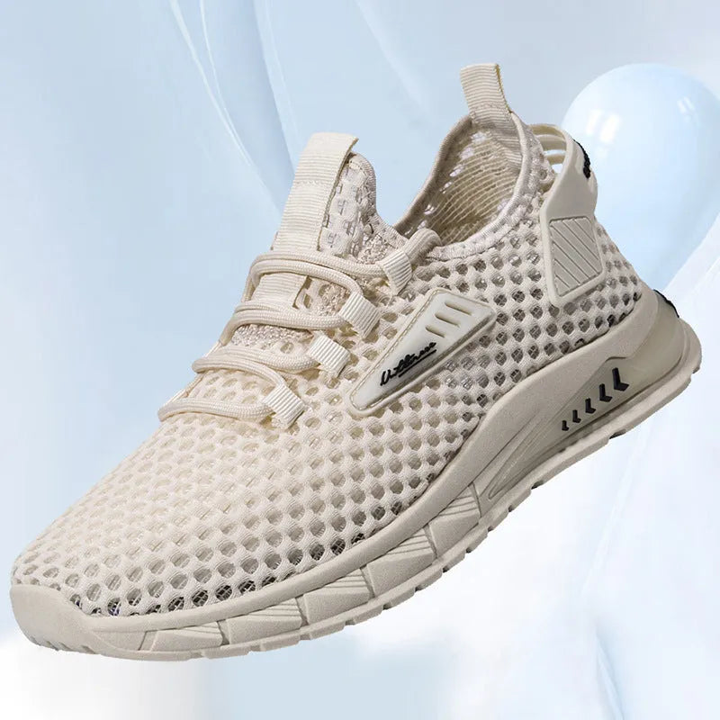 Men's mesh sneaker in beige with synthetic leather upper and front lace-up design