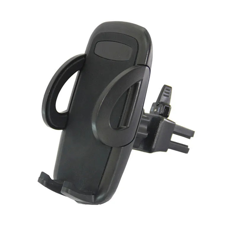 Black plastic car phone holder mounted on air conditioning outlet holding smartphone