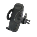 Black plastic car phone holder mounted on air conditioning outlet holding smartphone