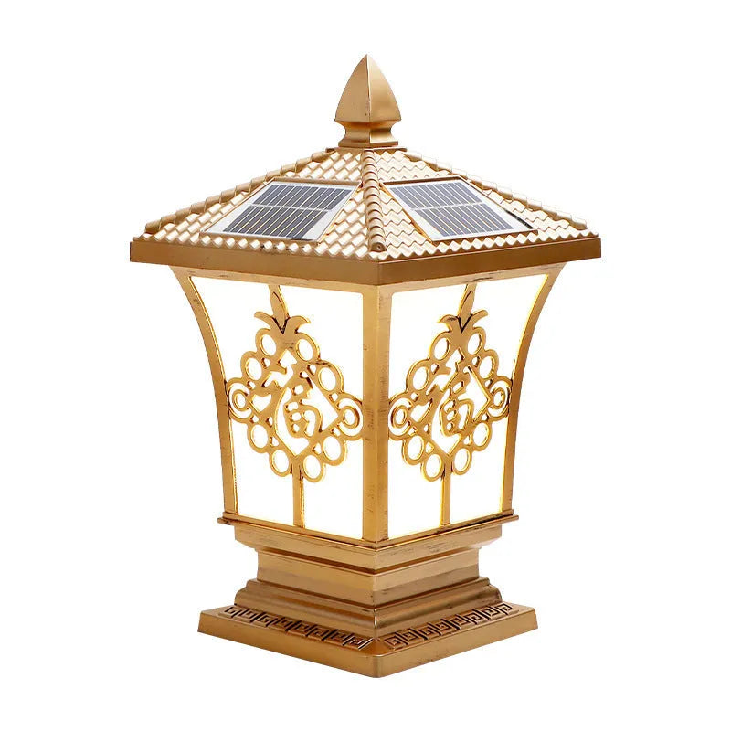 Black small size solar pillar lamp with flower shape, IP65 rated, 12W outdoor garden light
