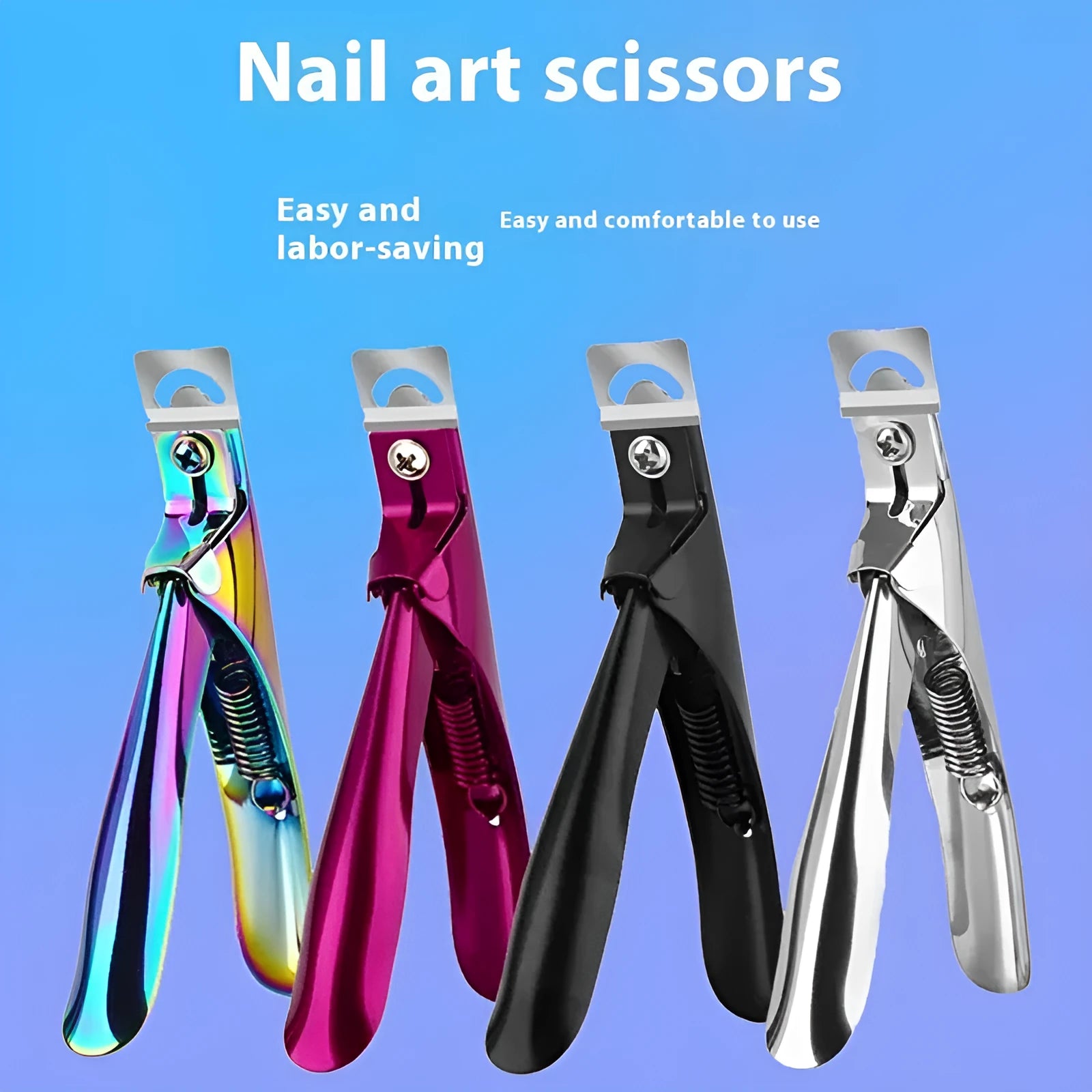 Close-up of stainless steel U-cut nail scissors in electrophoresis black, titanium, and silver handle colours.