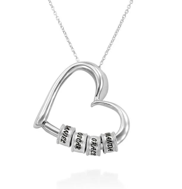 Personalised heart name pendant necklace in silver alloy with beaded lettering and box chain