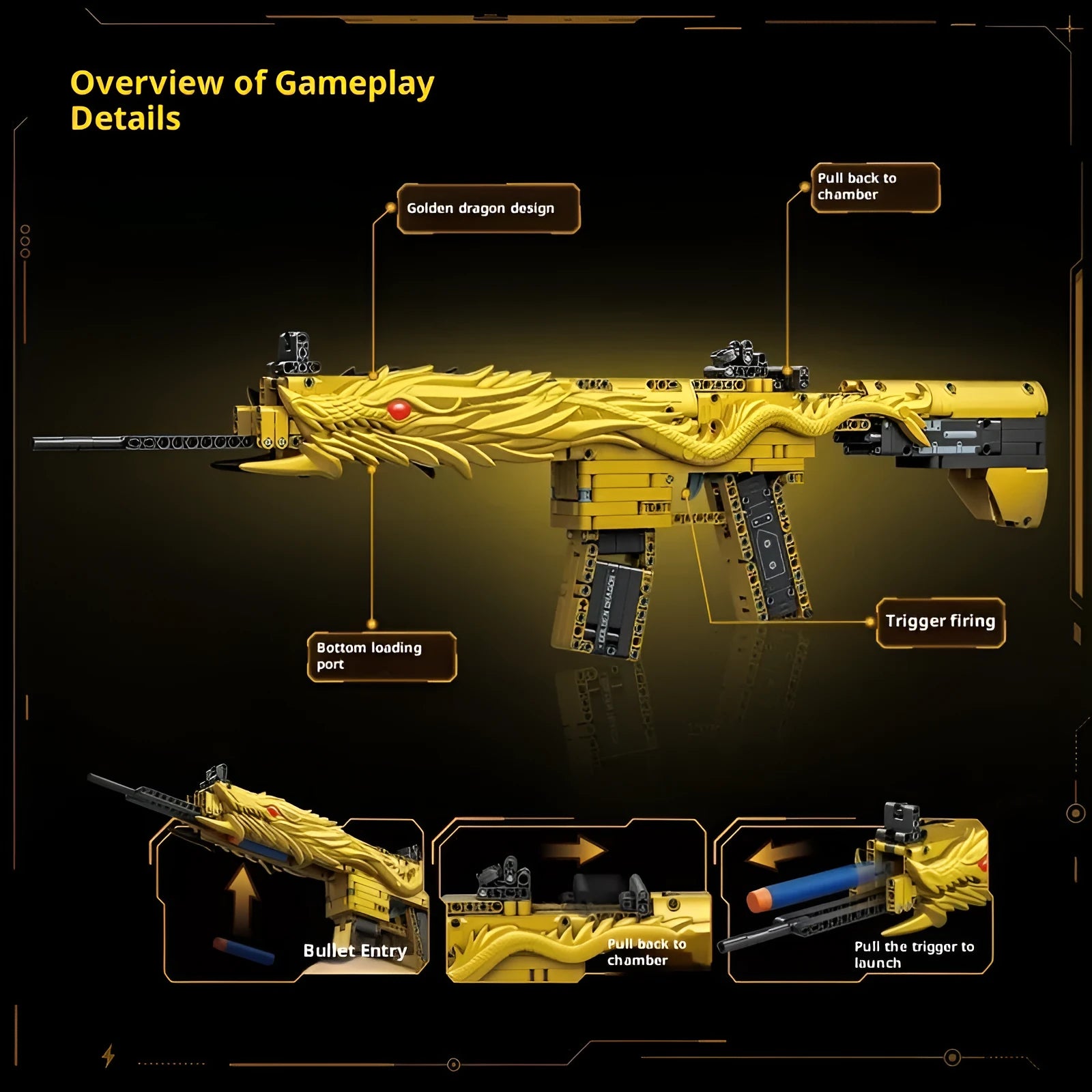 Golden Sand Eagle M416 rifle toy model made from small plastic building blocks, colour box packaging, for teenagers