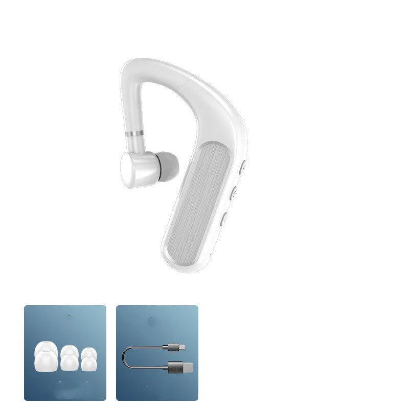Black Bluetooth earphones with hanging ear design and a selection of silicone ear tips.