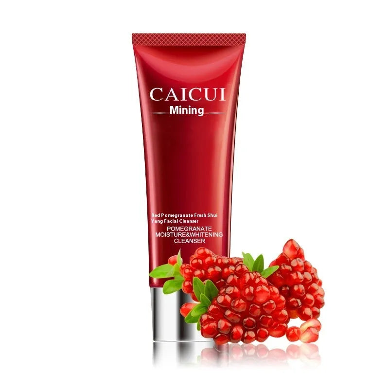 Pomegranate skincare set with four products: cleanser, toner, lotion and facial cream