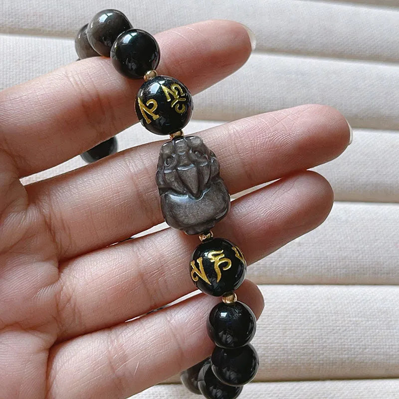Men's silver stone bracelet with zodiac design and proverb beads in Chinese style