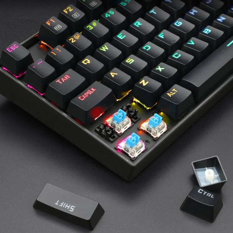 Monochrome luminous wired mechanical gaming keyboard set with green axis switches, USB mouse, mouse pad, and headphones in black or white