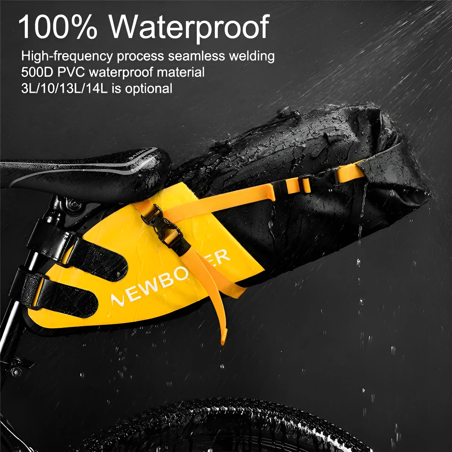 Yellow waterproof PVC bicycle tail bag mounted on a bike rack, showing its 58cm length and storage capacity.