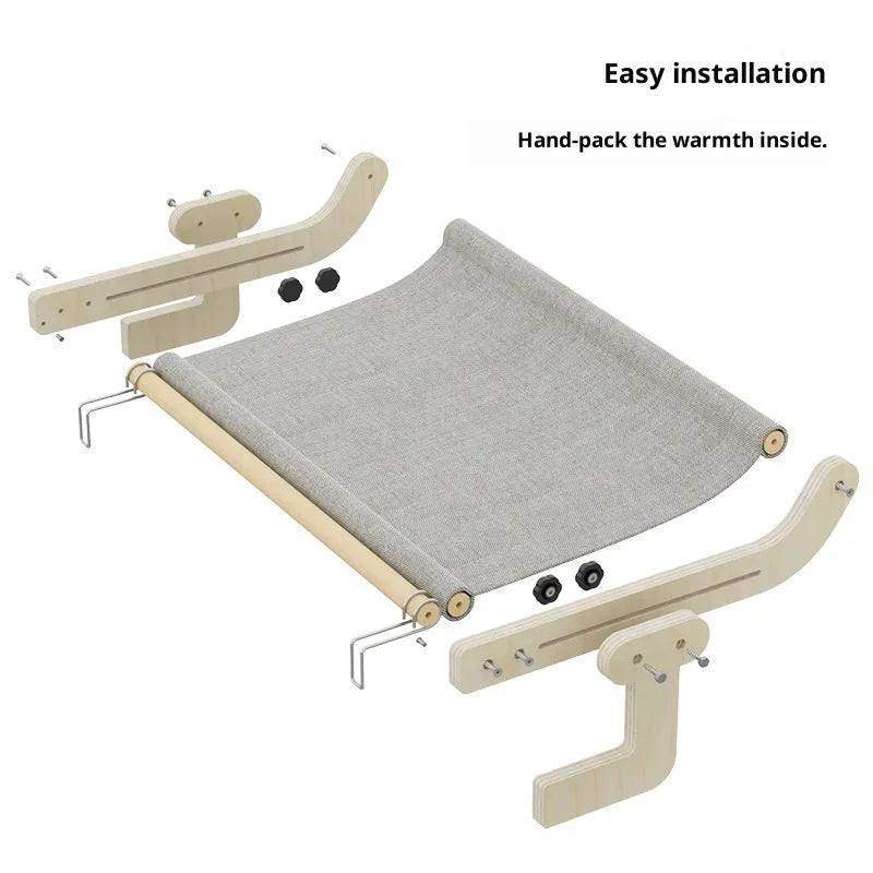 Extra large cat hanging bed with solid wood frame and canvas hammock, available in blue, gray, pink, or yellow for balcony or window use