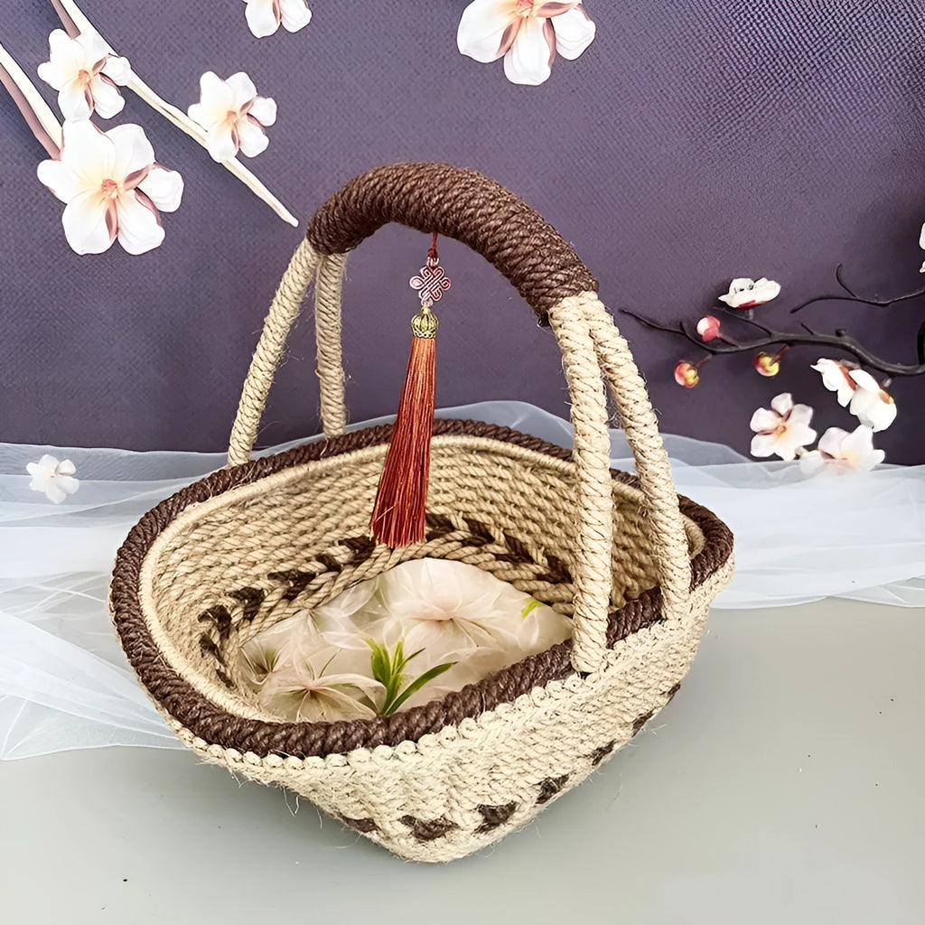 Coffee brown hand-woven straw basket with rustic texture, shown from a side angle.