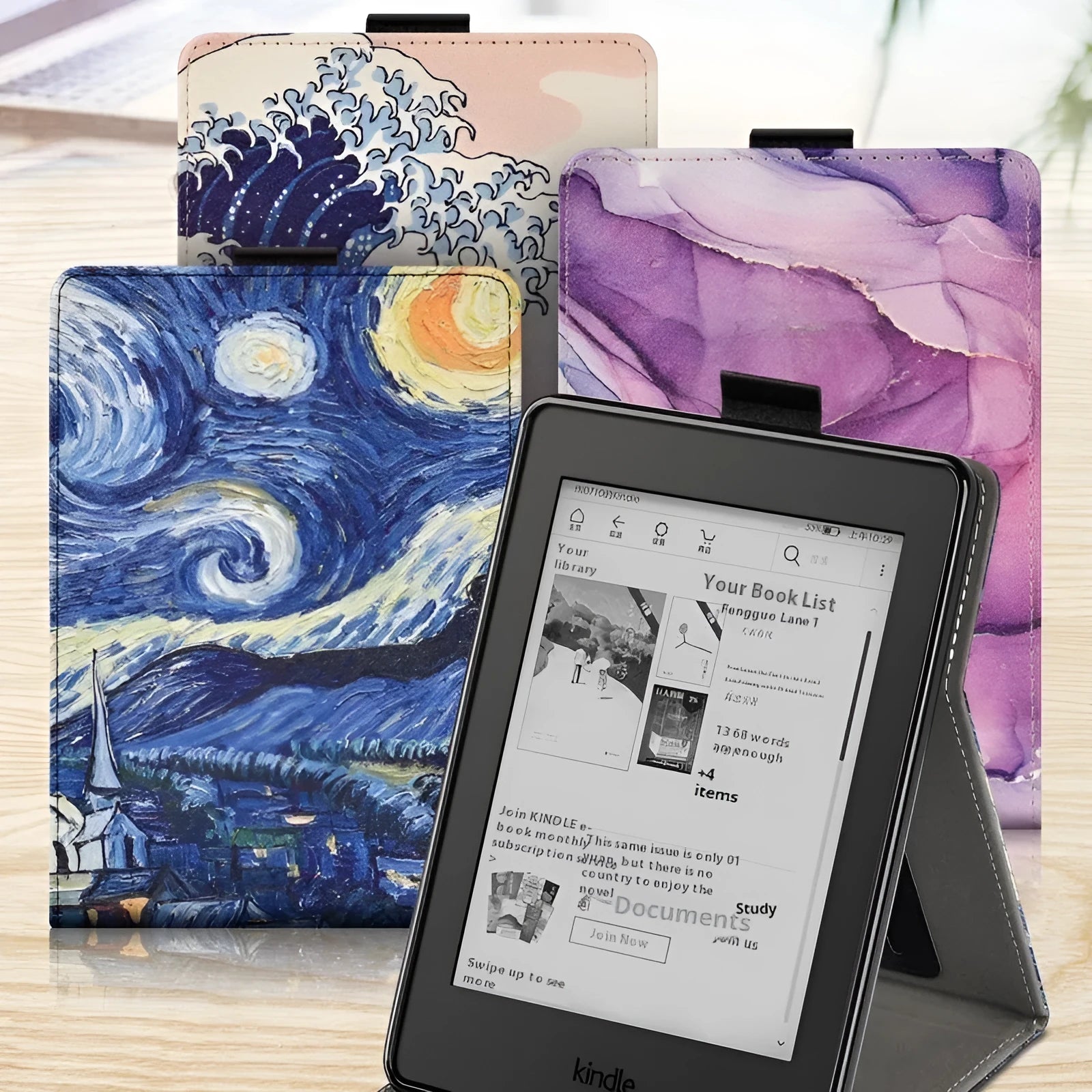 Handheld protective TPU case with bracket for a 6-inch Kindle, shown in a selected colour and embossed design.