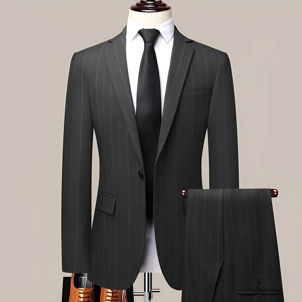 Grey slim-fit men's striped suit set with coat, vest, and trousers on hanger