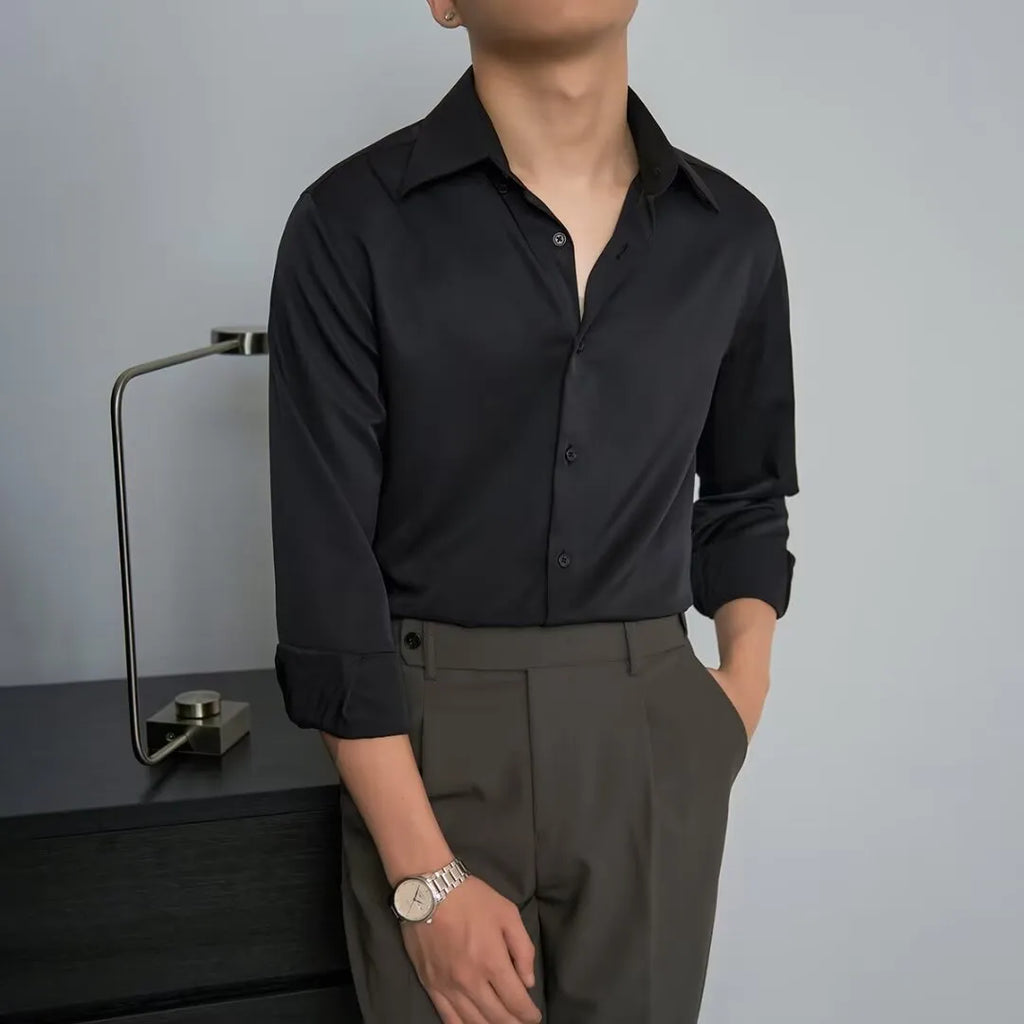 Men's slim long sleeve autumn shirt cardigan in Korean style with Japanese retro design, shown in black colour