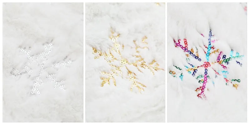 Christmas sequin embroidered tree skirt in silver on floor under decorated tree, 90cm or 122cm imitation rabbit fur polyester