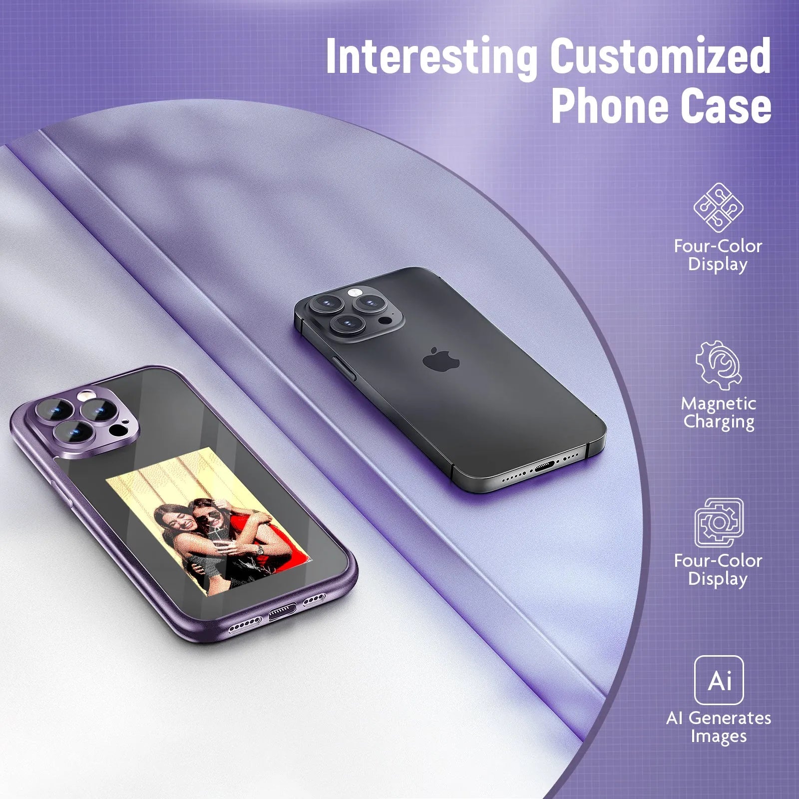 Black and Purple plastic flip phone cases for IPhone 15 Pro and Pro Max with NFC screen.