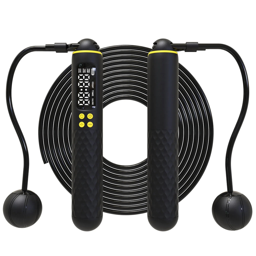 Smart skipping rope with rechargeable English display counter, ABS handles, dual-use cord and cordless mode, three colours
