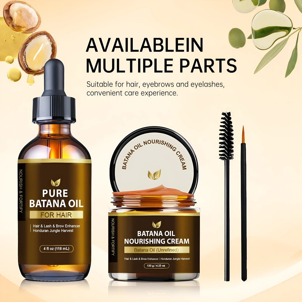 Batana oil hair care set with cream, eyelash curler, and eyebrow brush for women men