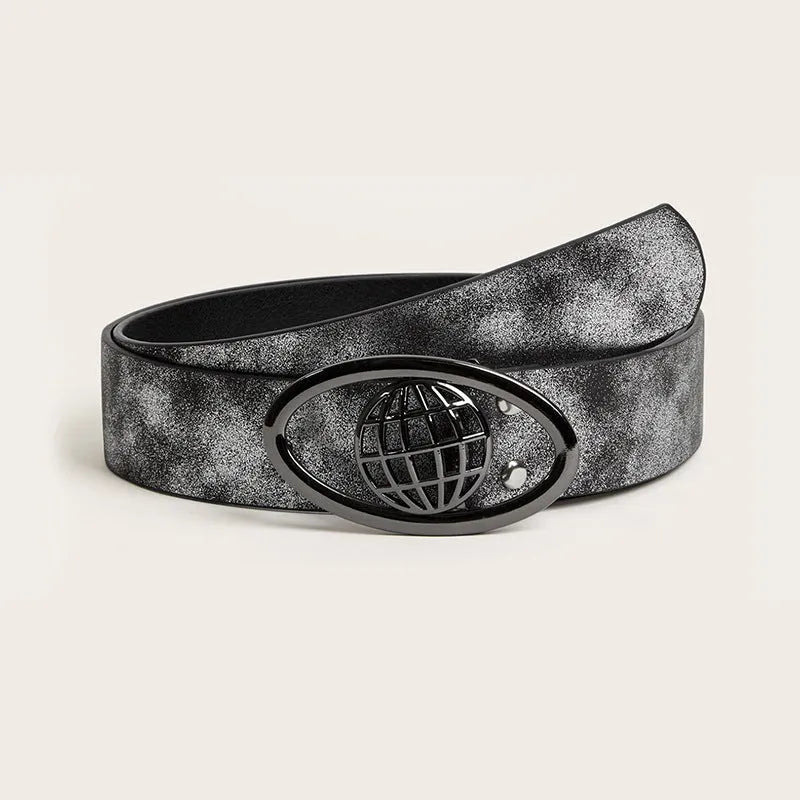 Retro oval buckle women's belt in thick PU leather with antique alloy fastener