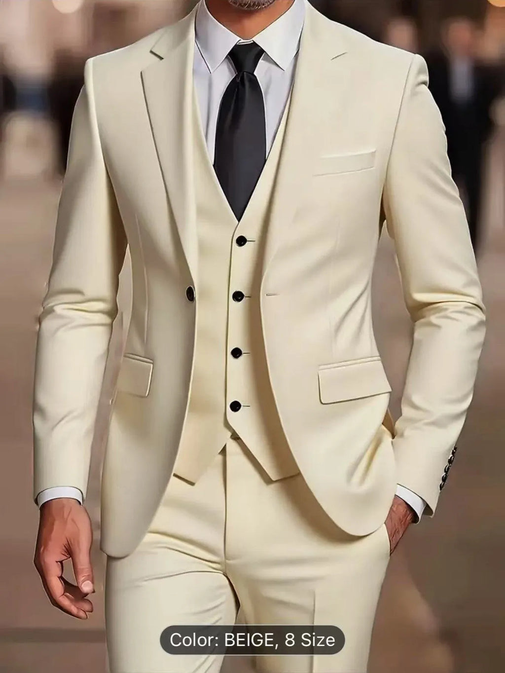 Men's three-piece suit set slim fit polyester formal wear in black, showing coat, vest, and trousers on a hanger