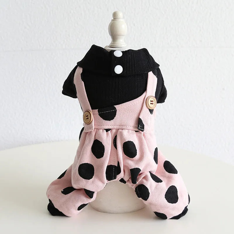 Dog clothes couple set with lapel shoulder straps in cloth material showing four-legged and skirt style options