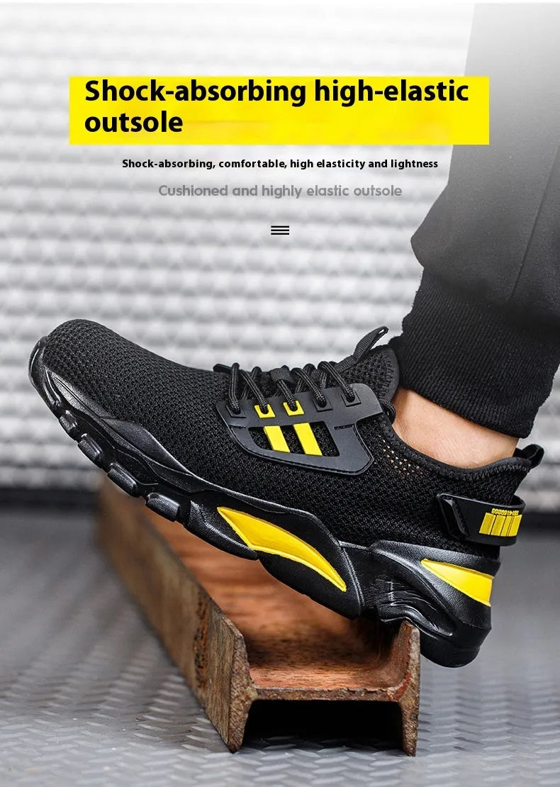 Men's black Flyknit work shoes with steel toe caps showing low-top safety footwear design