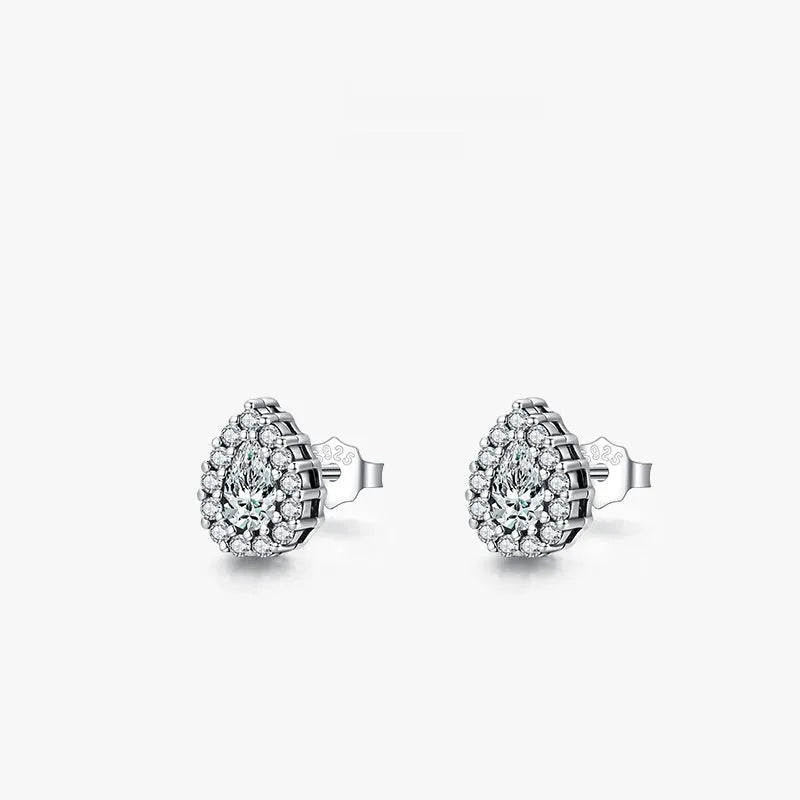 Silver drop shape ear studs made from 925 sterling silver with diamond-treated finish