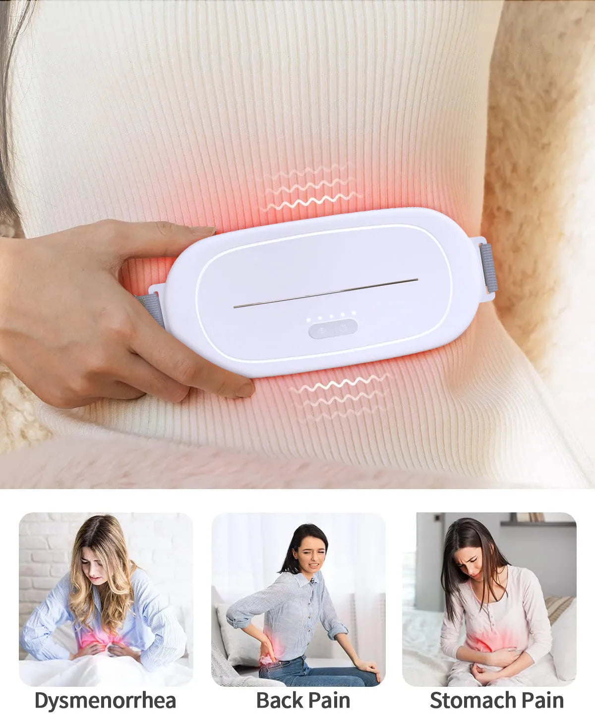 Handheld white silicone uterine warming device for menstrual pain relief with a single control button.