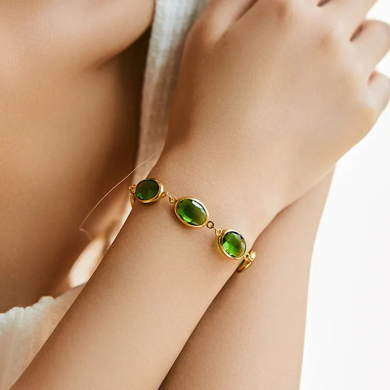 Women's geometric ellipse bracelet with coloured glass inlay on 18K copper in blue, green or multicolour
