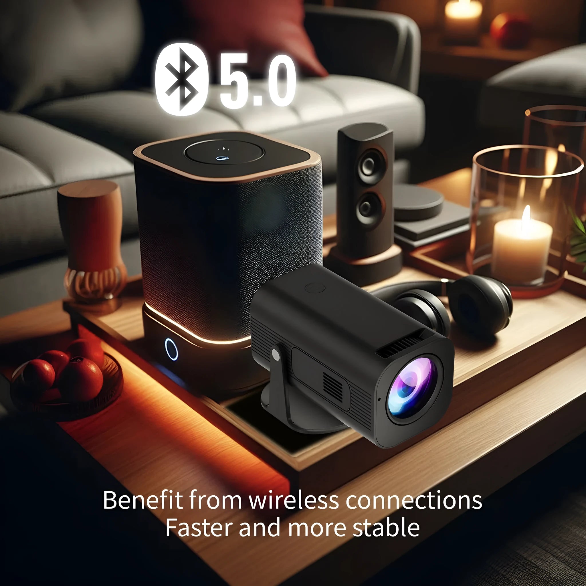 Black and white P330 portable mini projector with remote control on a table.