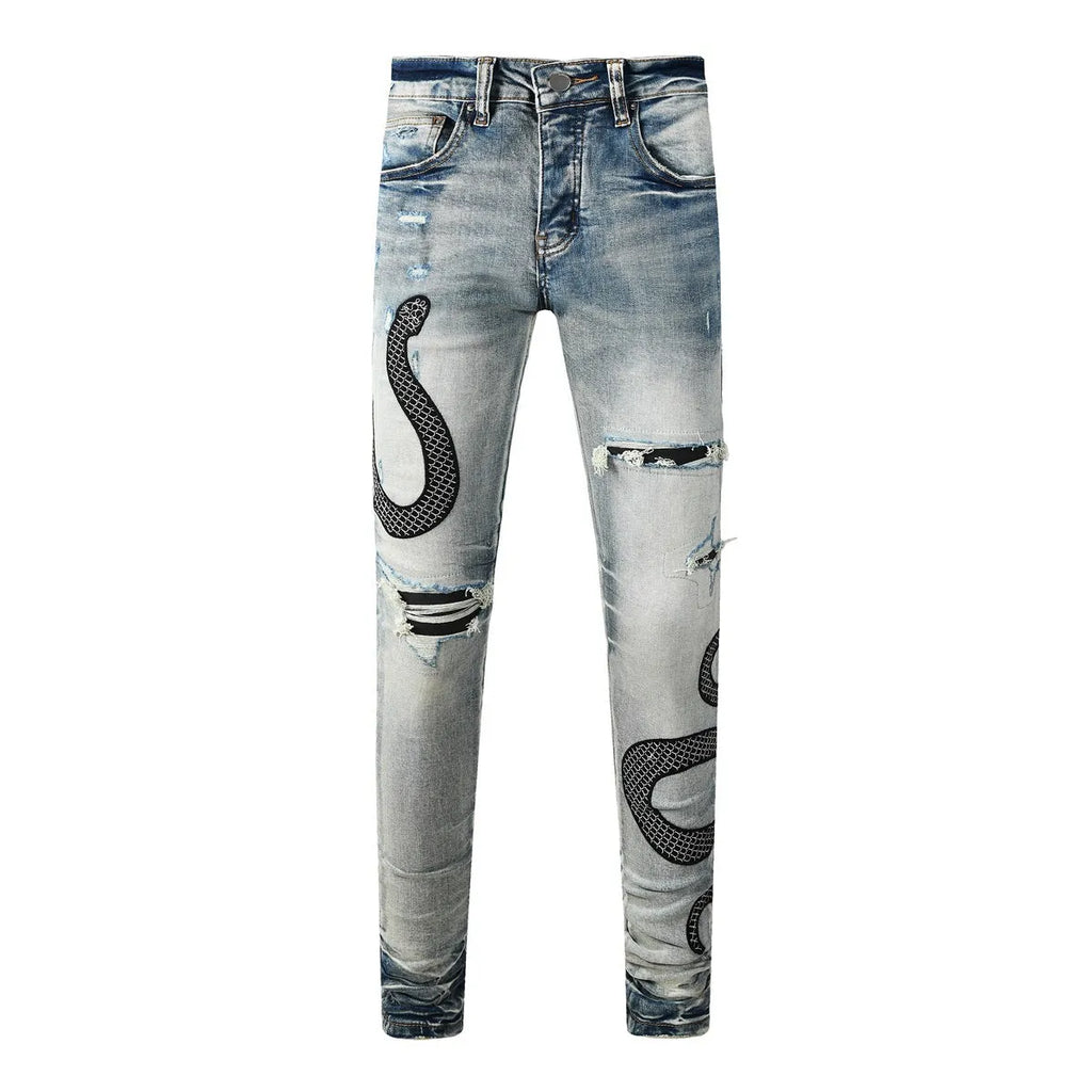 Street fashion distressed skinny jeans in 8934Blue wash with a tight fit and button fly.