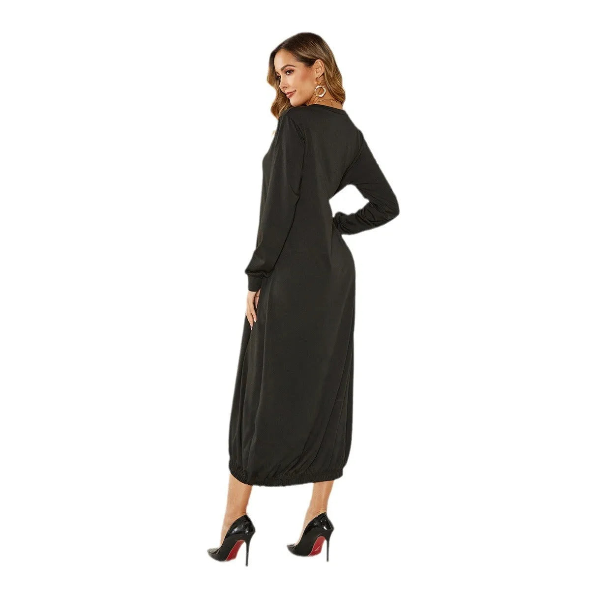 Black loose long lace-up crew neck lantern skirt dress on a hanger