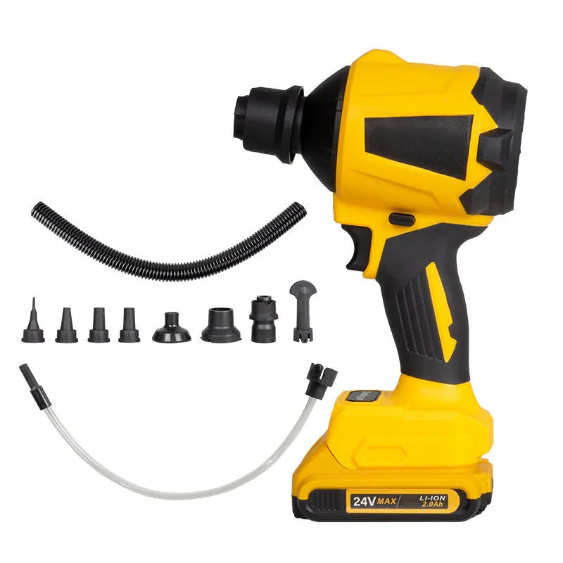 Yellow handheld cordless dust gun or blower for cleaning household and office appliances.