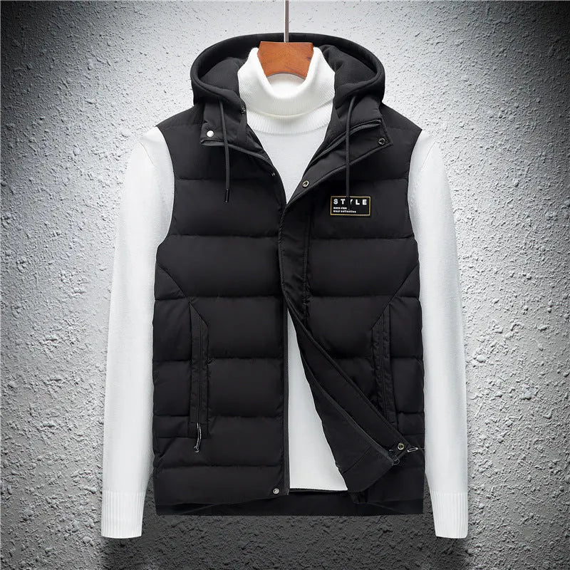Men's high-waist down jacket vest in black, side view on hanger