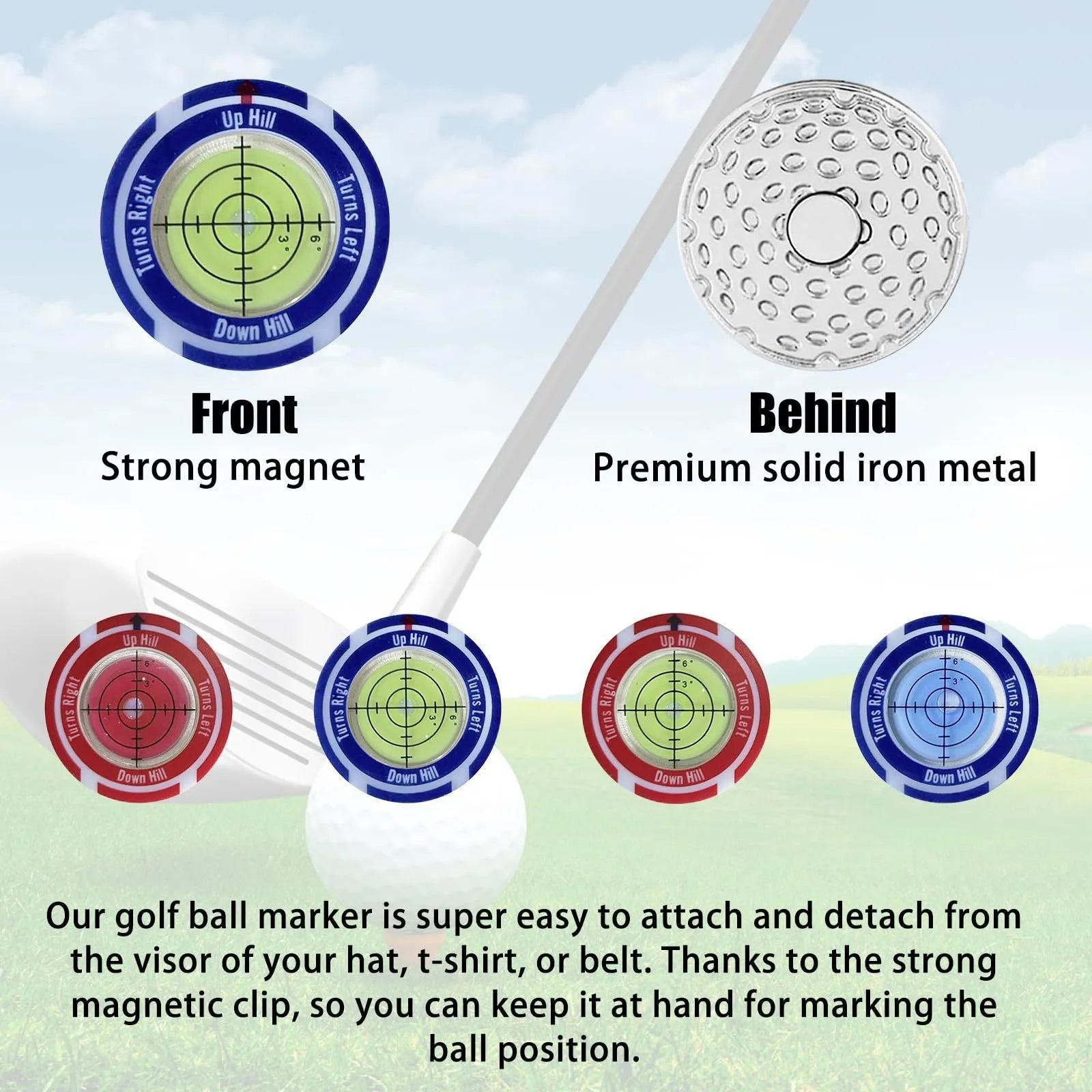 Golf level measurement tool with hat clip and green position markings for score tracking