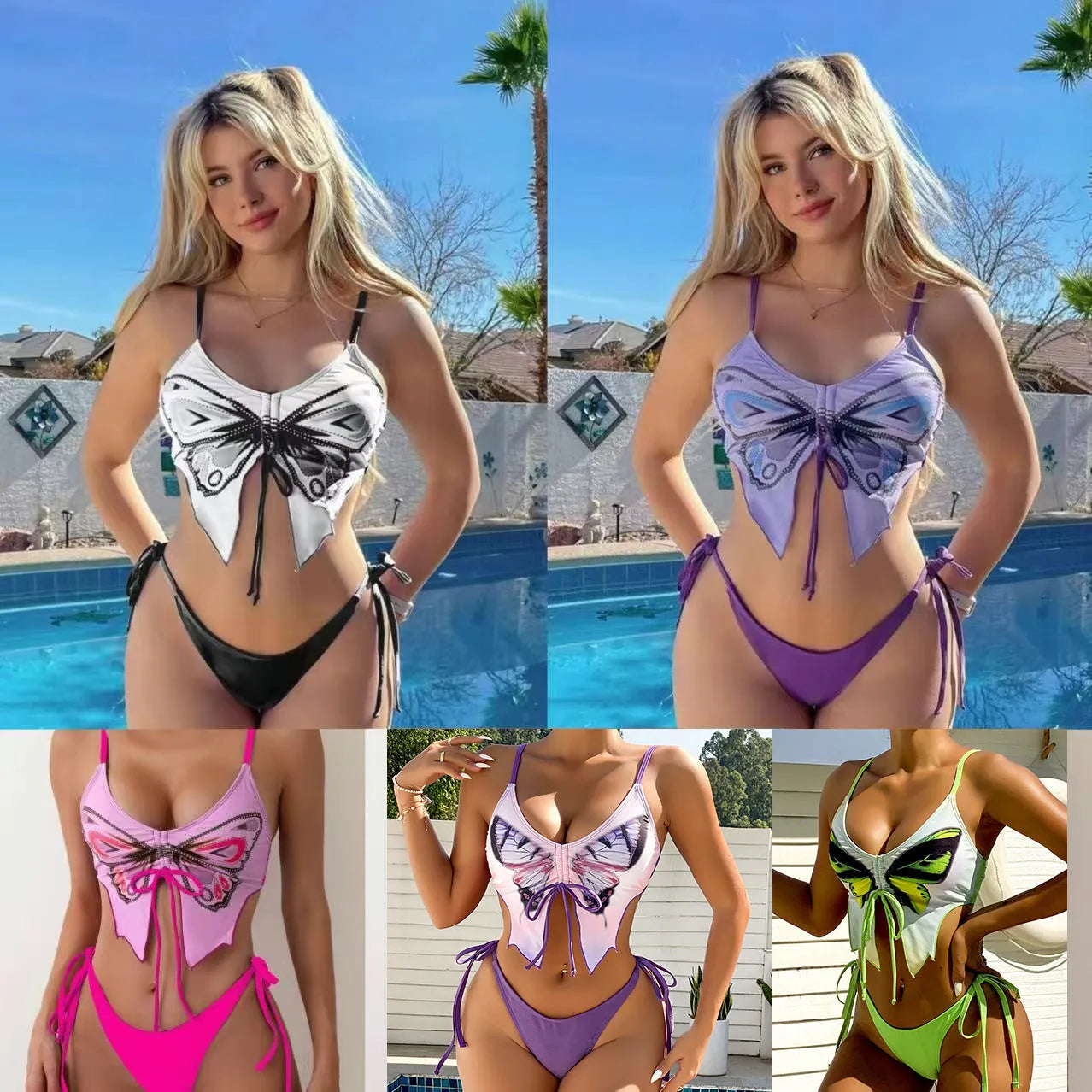 Women's purple bow ins style split bikini suit top and briefs on a mannequin.