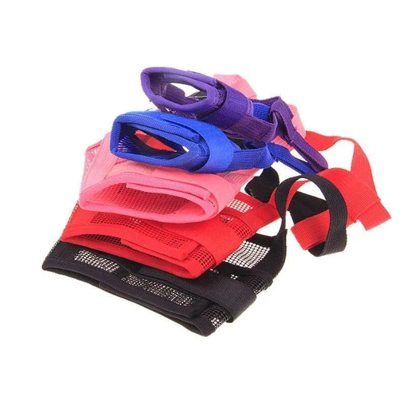 Adjustable plastic dog muzzle for biting and barking control, shown in multiple colour options.