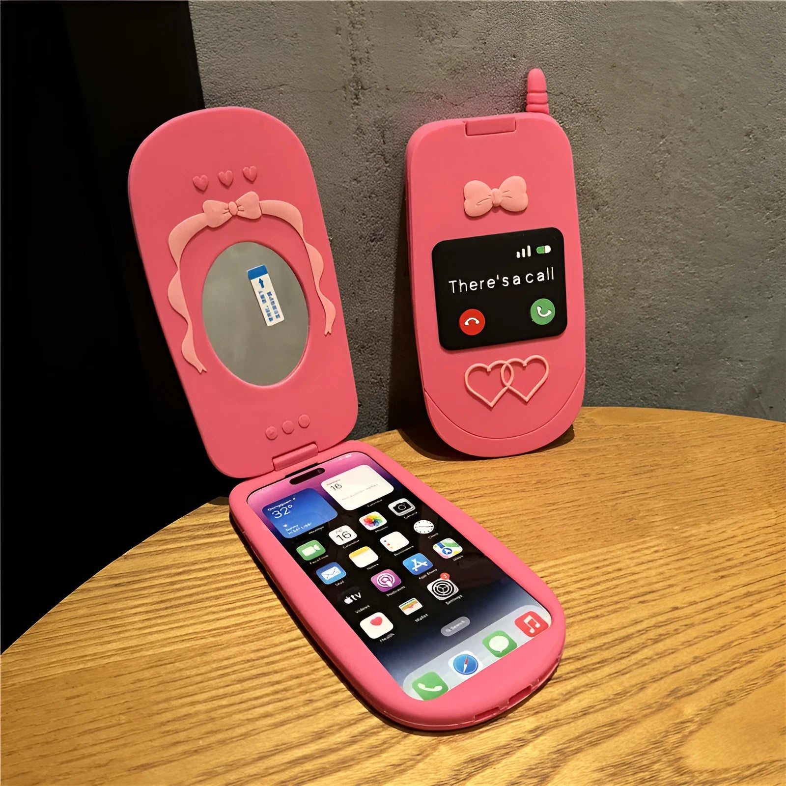 Fall-proof silicone clamshell phone case with love heart design for iPhone, rose red colour