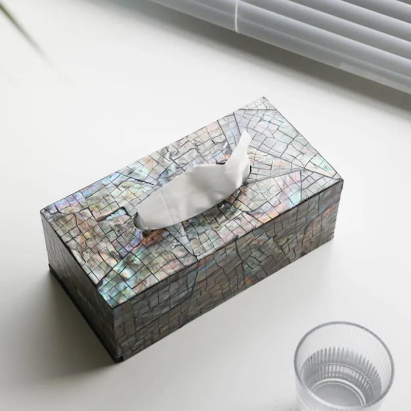 Natural black seashell tissue box with removable inner organisation tray on a wooden coffee table.