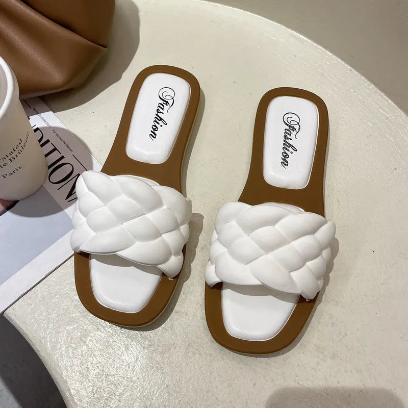 Women's plaid pattern beach sandals with thick anti-skid PVC sole in white, shown from the side.