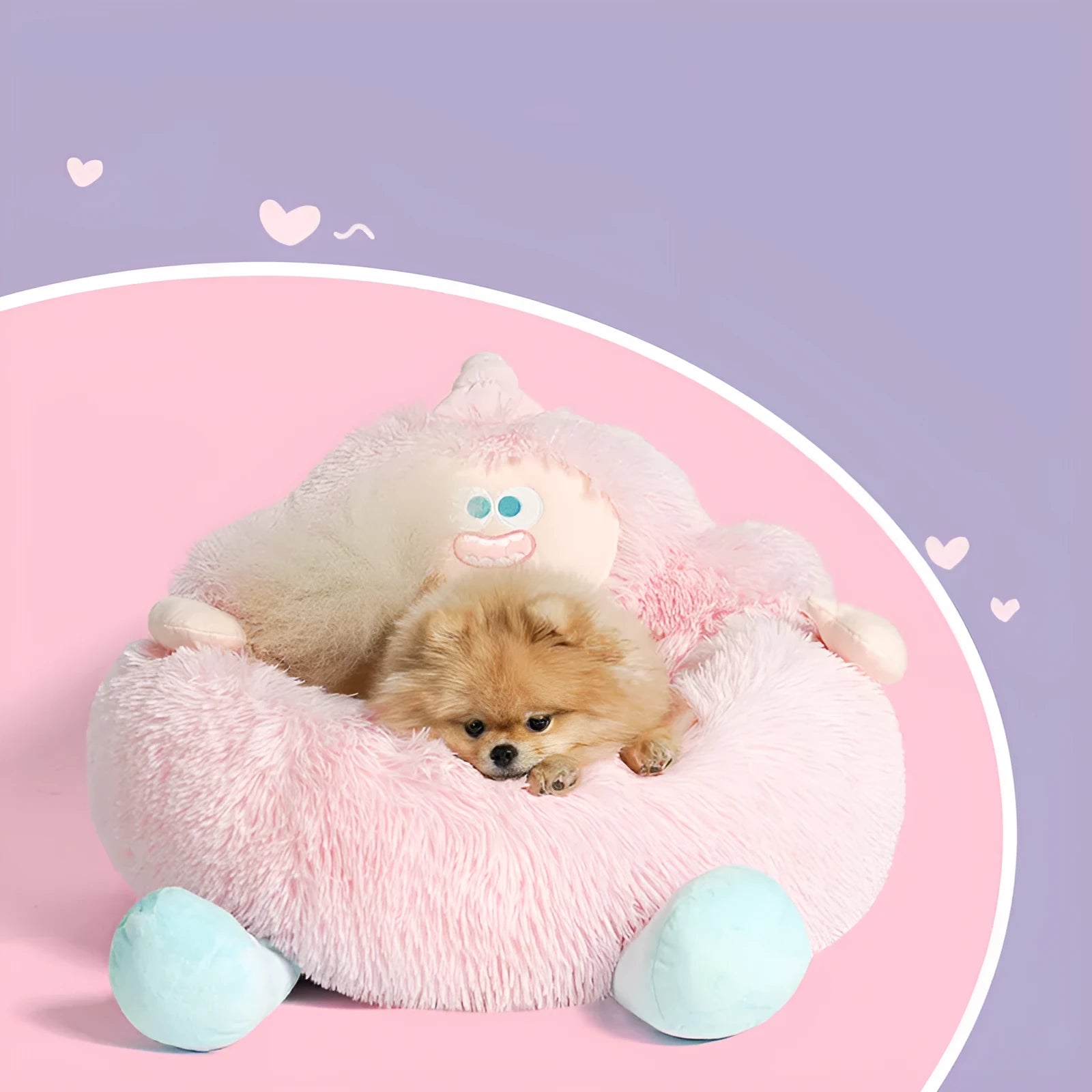 Grey or pink thick plush pet nest for cats and dogs, shown in S, M, and L sizes.