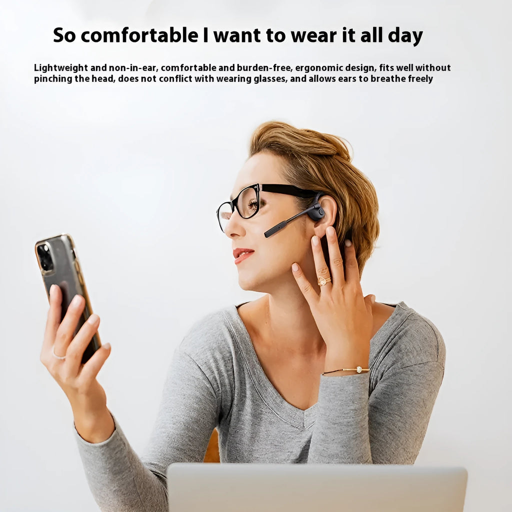 Black bone conduction Bluetooth headset with CVC noise reduction microphone, silicone head-mounted design
