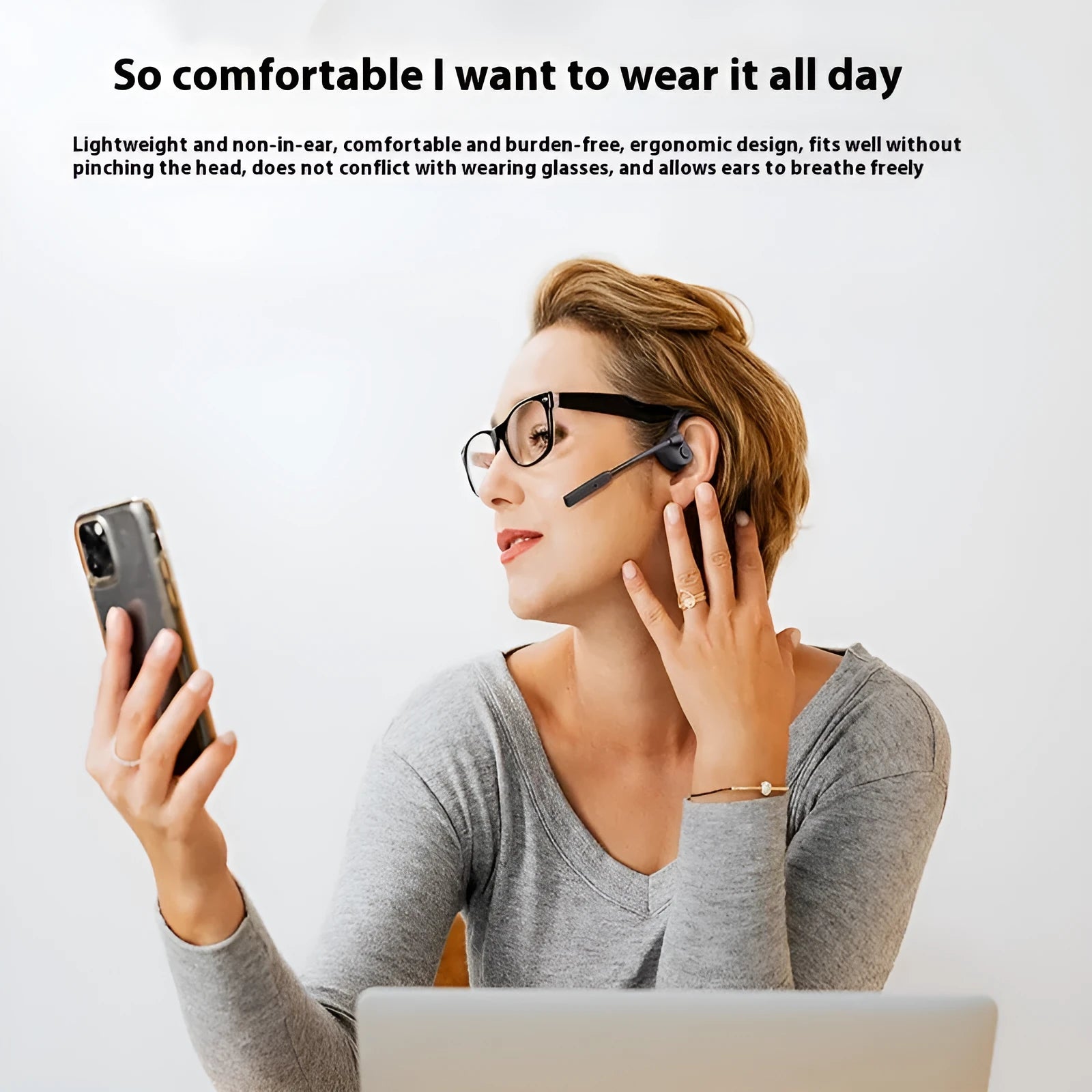 Black bone conduction Bluetooth headset with CVC noise reduction microphone, silicone head-mounted design